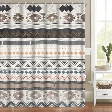 Imagem de Cortina de chuveiro geométrica retrô boho para banheiro marrom padrão asteca cortinas de banheira vintage abstrata estética conjunto de decoração de banheiro lavável tecido de poliéster impermeável