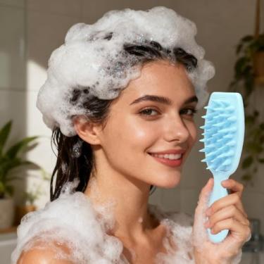 Imagem de 1 pente de xampu de cabo longo, pente de massagem anticoceira e limpeza do couro cabeludo, fácil de usar e adequado para uso diário (azul)