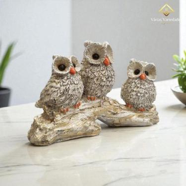 Imagem de Escultura Trio Coruja no Galho em Gesso Premium Cor Off White AVB DECO