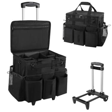 Imagem de SCAVATA Bolsa de limpeza com rodinhas com carrinho removível, grande organizador de suprimentos de limpeza com rodas, carrinho de limpeza com vários bolsos com alça de ombro ajustável para empregadas