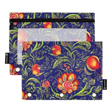 Imagem de Estojo de lápis de trabalho com 3 anéis, fichário com zíper, bolsa de lápis de tecido, fichários transparentes, estojo para canetas, escola, colorido, flores vermelhas, azul marinho, 25 x 18 cm, 2