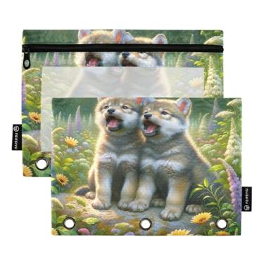 Imagem de Linda bolsa de lápis verde de grama floral lobo para fichário de 3 anéis, fichário com zíper, bolsa de lápis, caneta, fichários escolares rosa, bolsos transparentes, escritório, 25 x 18 cm, 2 pacotes