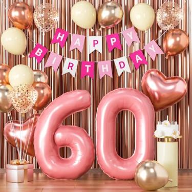 Imagem de Decorações de aniversário de 60 anos retrô rosa sessenta balões de aniversário rosa choque faixa de 60 anos ouro rosa número 60 balão para mulheres de 60 anos decoração de festa de aniversário folha