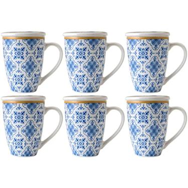 Imagem de Conjunto 6 Canecas de Porcelana para Chá 310ml com Tampa e Filtro Inox Lisboa Lyor Azul