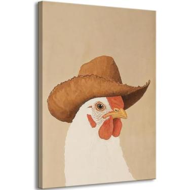 Imagem de RZIGERNO Arte de parede em tela de galinha caubói bonito retrato de animal de fazenda impressão em tela emoldurada 40,6 x 61 cm pintura de casa de fazenda oeste obras de arte decoração de parede para