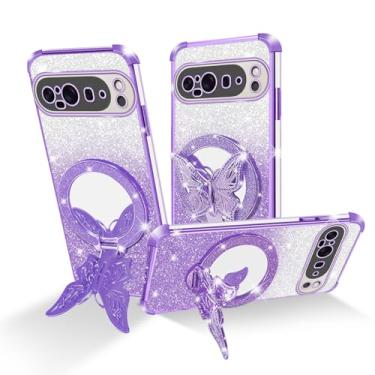 Imagem de Easyscen Capa para celular Google Pixel 9 Pro XL (6,8 polegadas), com suporte de borboleta e 4 cantos de airbag protetora, capa protetora à prova de choque de luxo para mulheres e meninas - roxa