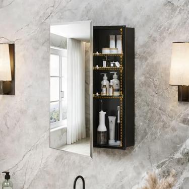 Imagem de Armário de remédios para banheiro com espelho: Armário de remédios espelhado sem moldura de alumínio leve preto de 40,6 cm x 61 cm com porta espelhada chanfrada moderna e prateleiras ajustáveis