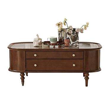 Imagem de UWEREBFM Mesa de centro retrô de madeira com tampo de vidro temporário, mesa de centro retangular para sala de estar com 2 gavetas e rodas universais, Easy Ass