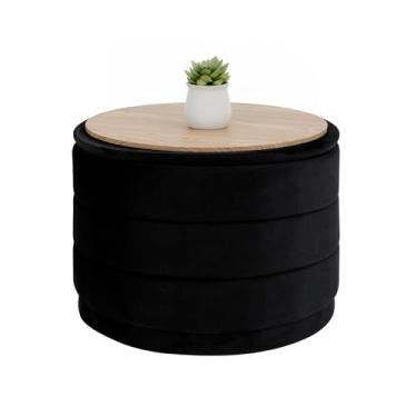 Imagem de B FSOBEIIALEO Otomano de armazenamento de veludo redondo com bandeja, otomano dobrável com mesa de centro de armazenamento descanso de pés para dormitório, sala de estar, preto, 58 cm x 58 cm x 44 cm