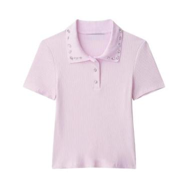 Imagem de Camisa Polo Feminina Slim Fit Canelada Verão 2025 Com Gola Lapela E De