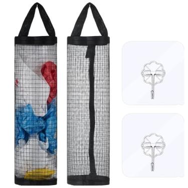 Imagem de Sibba 2 peças de suporte de saco de plástico com 2 ganchos adesivos para montagem na parede, organizador de saco de lixo de malha, reutilizável, sacos de lixo pendurados, dispensador de armazenamento