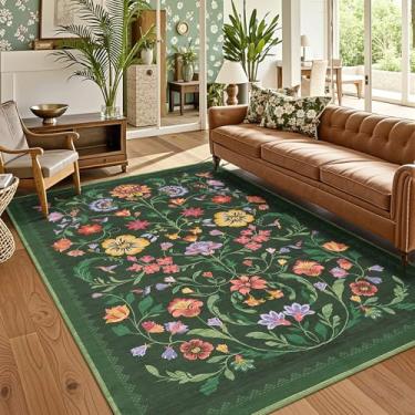 Imagem de Tapete lavável para sala de estar, tapete floral para quarto, macio boho antiderrapante com parte traseira de borracha, tapete floral vintage resistente a manchas para sala de jantar, verde