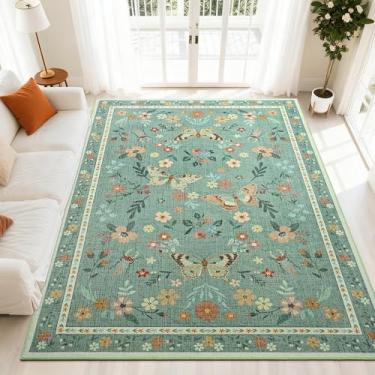 Imagem de FALARK Tapetes laváveis para sala de estar, tapete com estampa floral de borboleta 10,2 x 15,2 cm, antiderrapante, para quarto, jantar, escritório, sala de jogos, decoração de casa, verde claro
