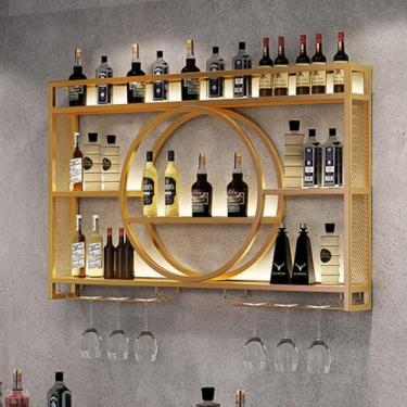 Imagem de Prateleira de vinho de ferro com luz LED com suporte para copo de vinho, prateleira de metal para vinho, prateleiras de bar de parede, prateleiras de bar para garrafas de bebidas para cozinha, sala de