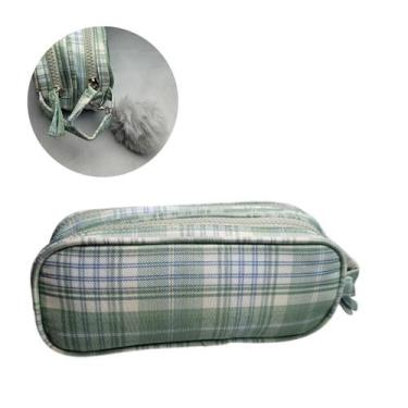 Imagem de Estojo Necessaire Duplo Xadrez Pompom Escolar Maquiagem Fofo Colorido 