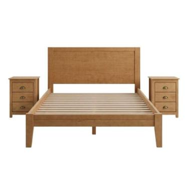 Imagem de Cama Casal 2 Mesas de Cabeceira Madeira 3 Gavetas Taeda Festra - Milan