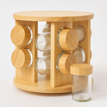 Imagem de Porta Temperos Giratório Bambu com 8 Potes de Vidro Herméticos Base 360 graus  para Cozinha