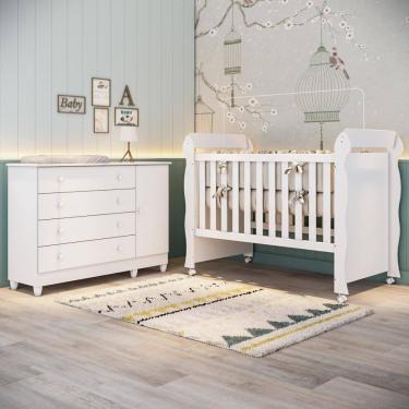 Imagem de Quarto Bebê Berço Americano 3 em 1 Mirelle Cômoda Infantil Fraldário Taís 100% MDF Branco Carolina Baby