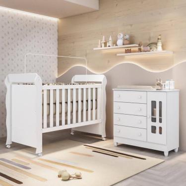 Imagem de Quarto Bebê Berço Americano 3 em 1 Mirelle Cômoda Infantil Fraldário Ariel 100% MDF Branco Carolina Baby