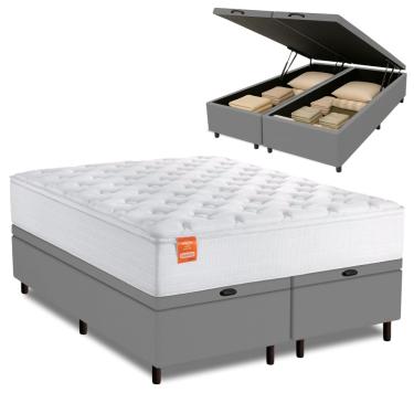 Imagem de Cama Box Baú Colchão Casal King Molas Ensacadas Real 193x203x68cm Branco / Cinza Inducol