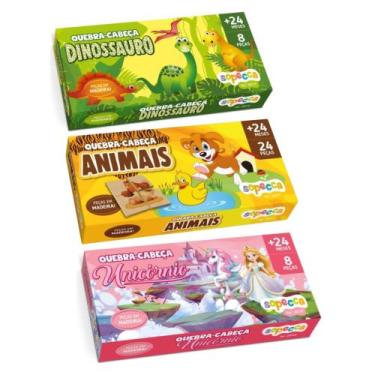 Imagem de COMP Kit 3 Quebra Cabeças de Madeira Educativo Animais Dinossauro e Un