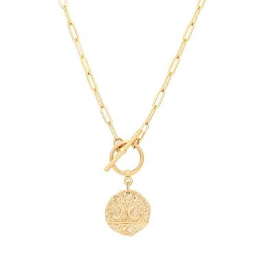Imagem de Aobei Pearl Colar com pingente de ouro 18 K, lua, estrela, leão, olho turco, medalhão com clipe de papel, gargantilha chian, joias para mulheres e meninas, Latão, Sem Pedra Preciosa