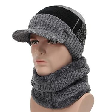 Imagem de Yajun Gorro de lã para homem conjunto de cachecol infinito aquecedor de pescoço com forro polar de inverno térmico chapéus de malha quente para desportos ao ar livre, cinzento, One Size