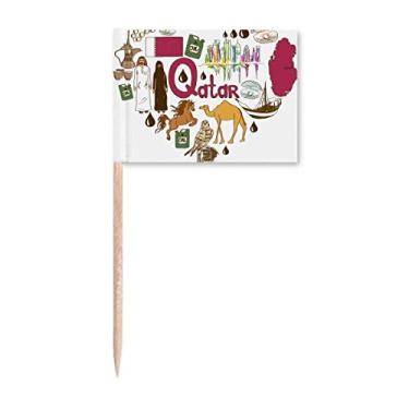 Imagem de Bandeira nacional de palito de dente com bandeira nacional de coração de amor do Qatar Topper Decoração de festa