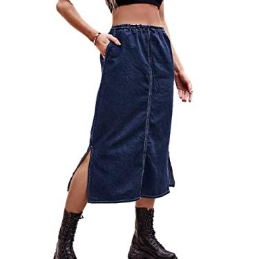 Imagem de Saia midi longa feminina lazer vintage fenda lateral saia jeans verão saia lápis jeans stretch, Azul, G