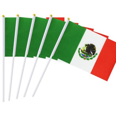 Imagem de Pacote com 25 bandeiras pequenas de mão do México, bandeiras nacionais mexicanas de topo redondo, suprimentos de decoração de festa para desfiles, Copa do Mundo, eventos de festivais, festival