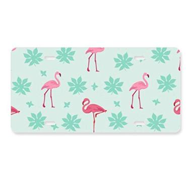 Imagem de DIYthinker Etiqueta de aço inoxidável para decoração de placa de carro com estampa de flamingo rosa e verde