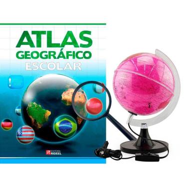 Imagem de Kit Globo Rosa Terrestre 21Cm Led Profissional + Lupa Atlas