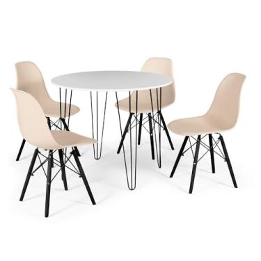 Imagem de Conjunto Mesa de Jantar Redonda Hairpin 90cm Branca com 4 Cadeiras Eames Eiffel Base Preta - Nude
