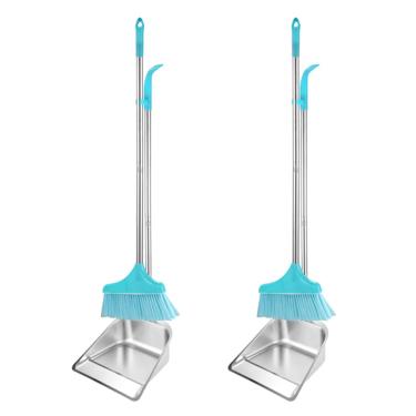 Imagem de Conjunto de 2 pás e vassouras de aço inoxidável, pá de lixo vertical resistente de cabo longo para piso de lobby, quintal, casa, cozinha, escritório