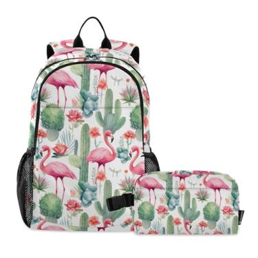 Imagem de CHIFIGNO Mochila escolar de flamingos tropicais, flores e cactos, conjunto de mochila escolar com lancheira leve
