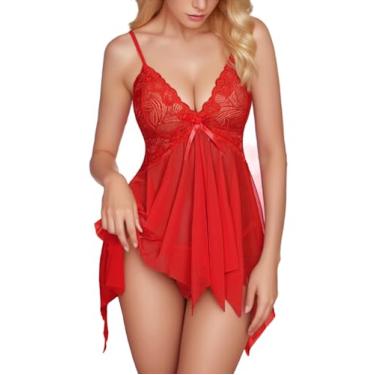 Imagem de Goiwizz Lingerie feminina de renda, sexy, decote em V, camisola de renda para dia dos namorados, Vermelho, GG