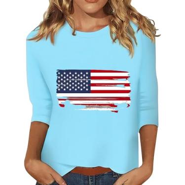 Imagem de Camisetas femininas de 4 de julho com a bandeira americana do Dia da Independência Camiseta casual Patriotic Memorial Day, blusa de manga 3/4, Azul-celeste, XXG