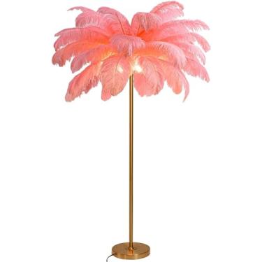 Imagem de Luminária de piso de penas de avestruz, lâmpadas de penas para quartos e sala de estar com interruptor de pé regulável, lâmpada de pé de pena de resina H: 160 cm