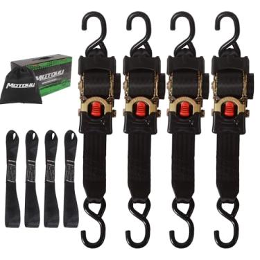 Imagem de MOTO4U Cintas de catraca retráteis de 5 cm, resistentes, 5 cm x 25 cm, 4 correias de catraca automáticas autoretráteis com 4 laços macios, força máxima de ruptura de 1,360 kg para motocicleta,