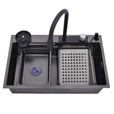 Imagem de Cuba Cozinha Gourmet Premium Cascata Com Torneira Lavador Copos  Aço Inox 201 Preto