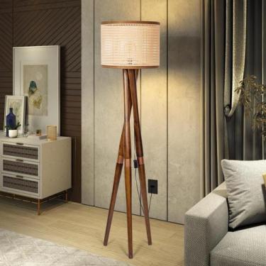 Imagem de Luminária Cúpula Palha Sintetica Pé Madeira Detalhe Em Cobre - D+MOB, 