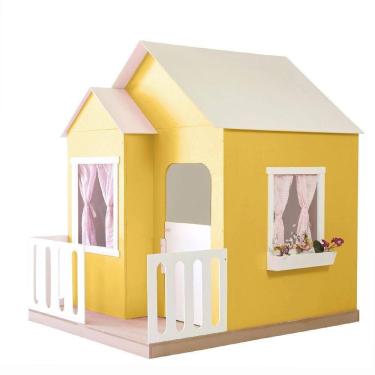 Imagem de Casinha De Brinquedo Artesanal Janela Lateral Versátil Com Cortinas Mdf Amarelo/branco L12 - Criança Feliz