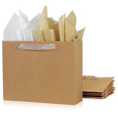 Imagem de Pacote com 6 sacos de presente médios de 27 cm com papéis de seda, sacos de compras kraft com alças de fita, conjunto de sacos marrons de embalagem de varejo para todas as ocasiões