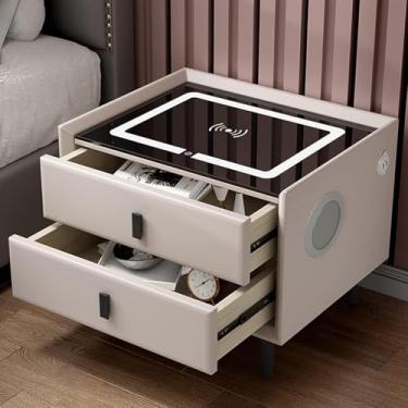 Imagem de Mesa de cabeceira com 2 gavetas, mesa de cabeceira inteligente, mesa de cabeceira moderna com porta USB/estação de carregamento sem fio e luzes LED em 3 cores, 2 gavetas/bege, 50 x 40 x 46 cm
