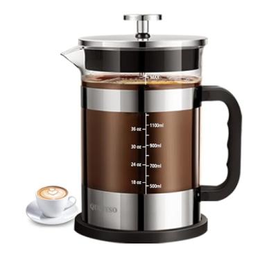 Imagem de Cafeteira francesa QUQIYSO, prensa francesa de aço inoxidável 304, 1,4 L, com 4 filtros, resistente ao calor, durável, fácil de limpar, prensa de café de vidro borossilicato, prateada
