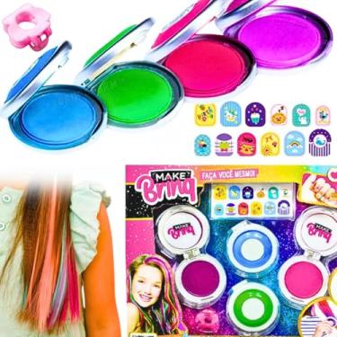Imagem de Kit 2 em 1 camarim infantil brinquedo faça mechas de cabelo colorido com presilha + adesivos para unhas presente menina 3 anos