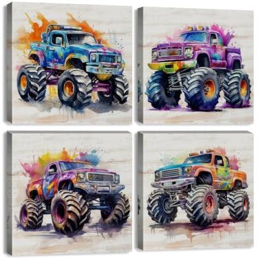 Imagem de Arte de parede de caminhão monstro em aquarela para decoração de quarto de meninos, Hot Wheels, pôsteres em tela, impressão em tela, quarto infantil, moderno, veículo, fotos, arte, sala de jogos