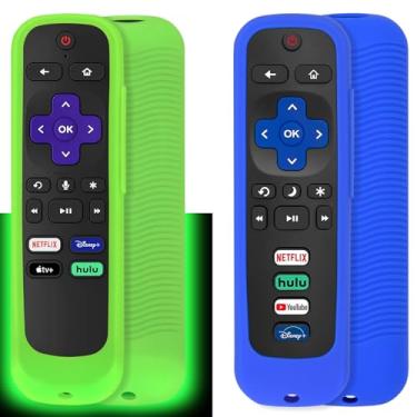 Imagem de Pinowu Capa para controle remoto universal (2 peças) compatível com controle remoto Roku Smart TV Steaming Stick/Roku Voice Remote/Roku Premiere/Roku 2/3/4 com alça de pulso (brilho verde e azul não