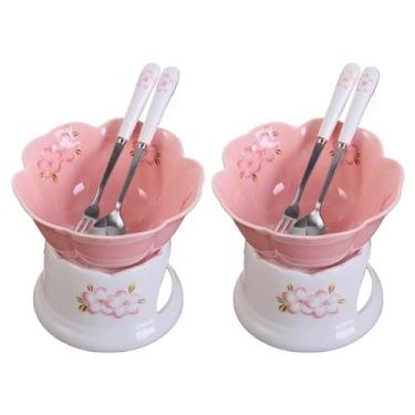 Imagem de ABPWO Conjunto de panela de fondue de cerâmica esmaltada, queijo ou chocolate, tapas, aquecedor de manteiga, inclui garfos e colher, 170 g (2 tigelas rosa + fogão branco)