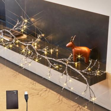 Imagem de LITBLOOM Guirlanda gelada iluminada com temporizador 1,8 m e 48 luzes de LED brancas quentes, guirlanda de salgueiro marrom com luzes operadas por bateria e plugue USB para decoração de Natal